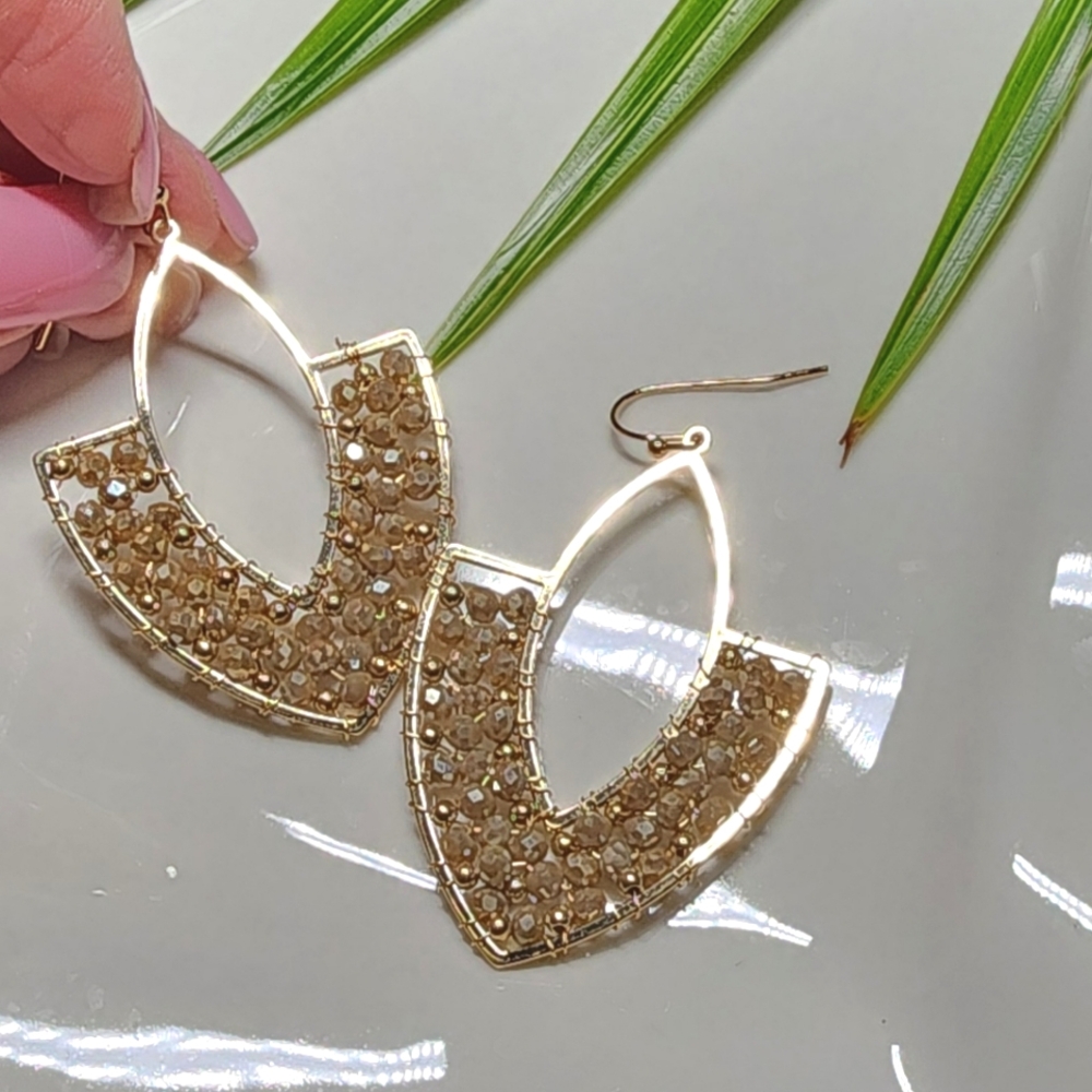 Dangle Beaded Earrings  Champagne-Gold Geometric Triangle hoops NWT